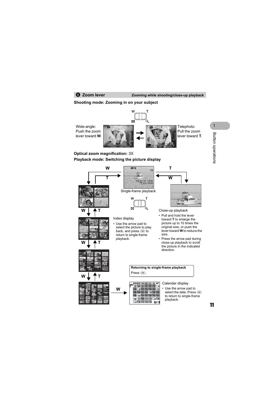 Zoom lever, 6zoom lever, Wt w t | 4close-up playback, Index display, Calendar display, Single-frame playback | Olympus FE-130 User Manual | Page 11 / 80