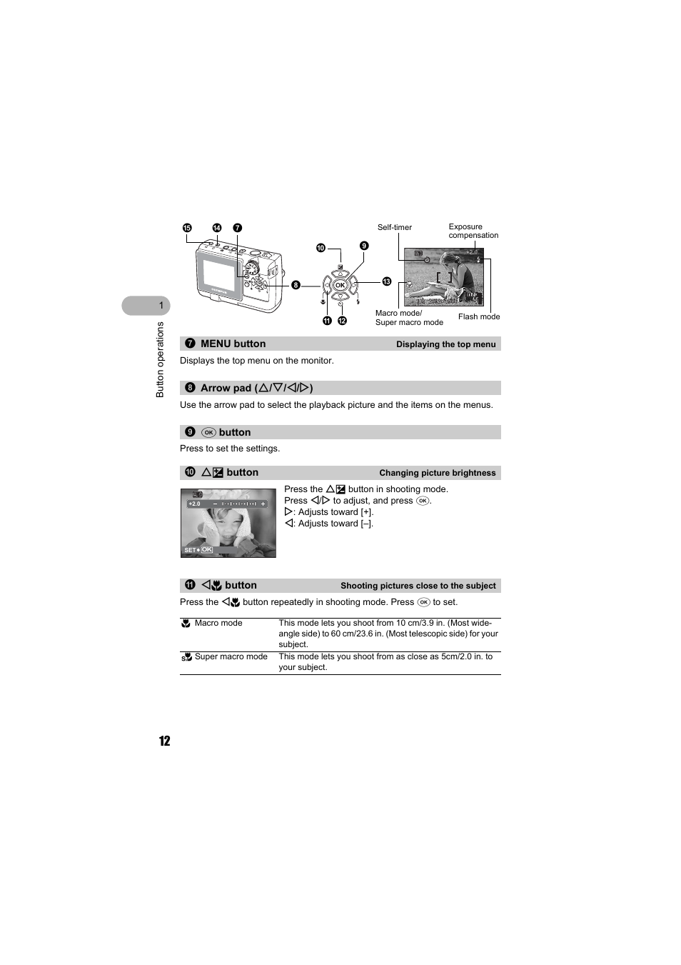 Menu button, Arrow pad, Ok button | Exposure compensation button, Macro mode button, Arrow pad (o/n/x/y), F button | Olympus FE-130 User Manual | Page 12 / 80