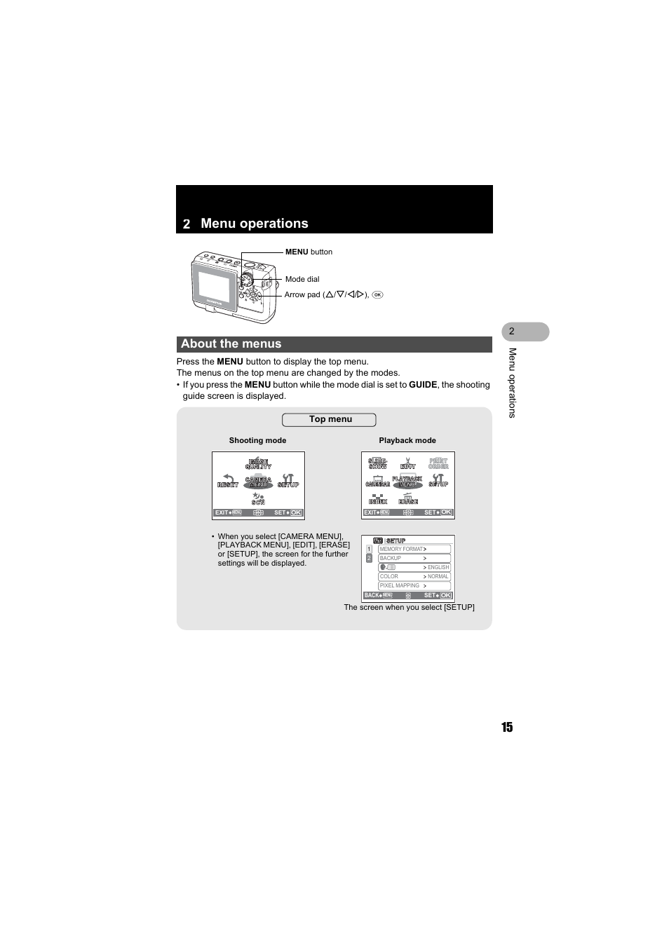 Menu operations, About the menus, 2 menu operations | Menu ope rati ons 2 | Olympus FE-130 User Manual | Page 15 / 80