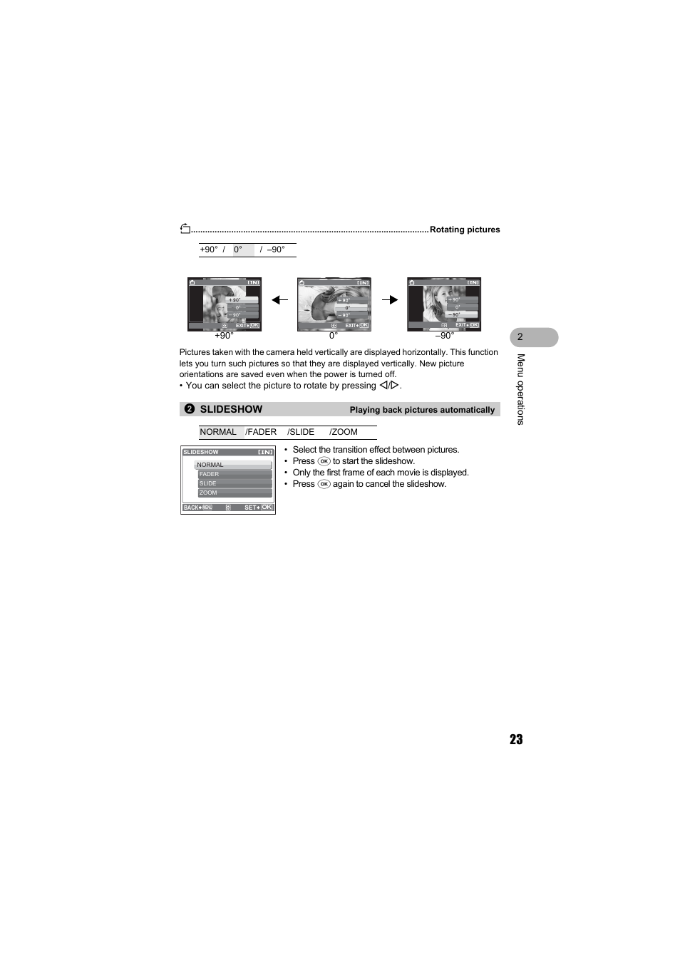Rotation, Slideshow, 2slideshow | Olympus FE-130 User Manual | Page 23 / 80