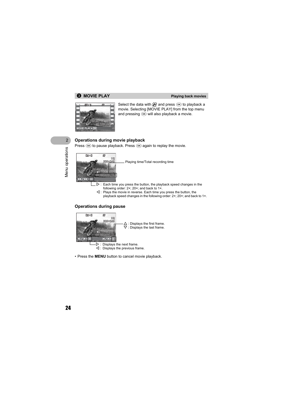 Movie play, Operations during movie playback, Operations during pause | 3movie play | Olympus FE-130 User Manual | Page 24 / 80