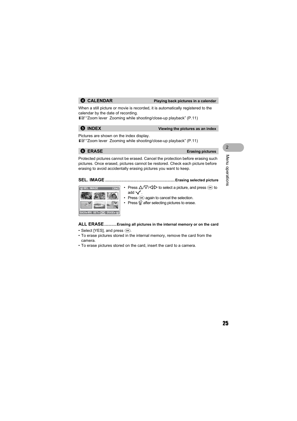 Calendar, Index, Erase | Sel. image, All erase | Olympus FE-130 User Manual | Page 25 / 80