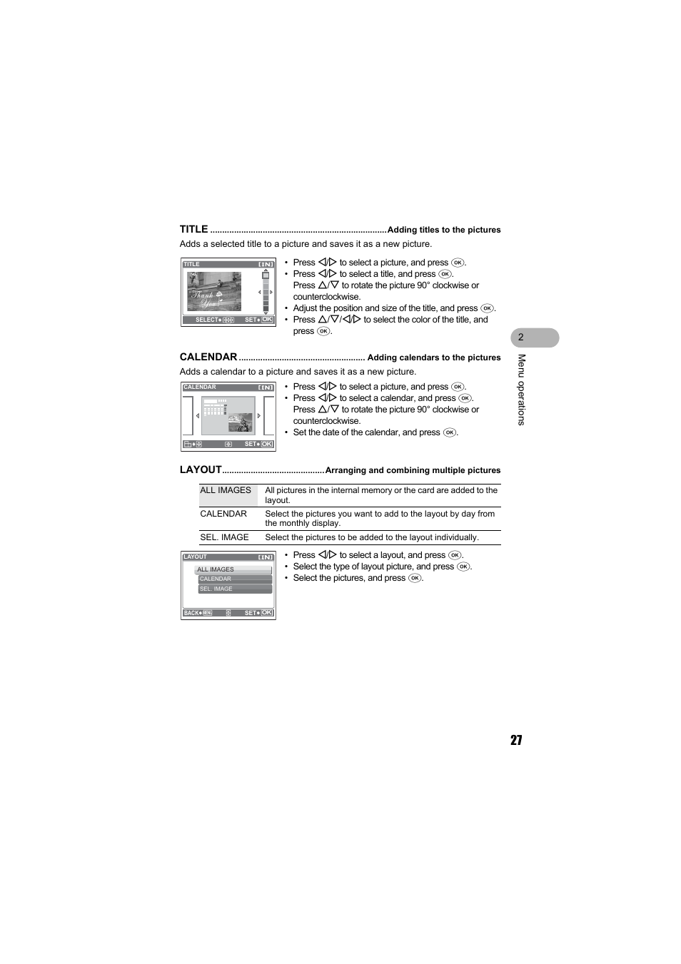 Title, Calendar, Layout | Olympus FE-130 User Manual | Page 27 / 80