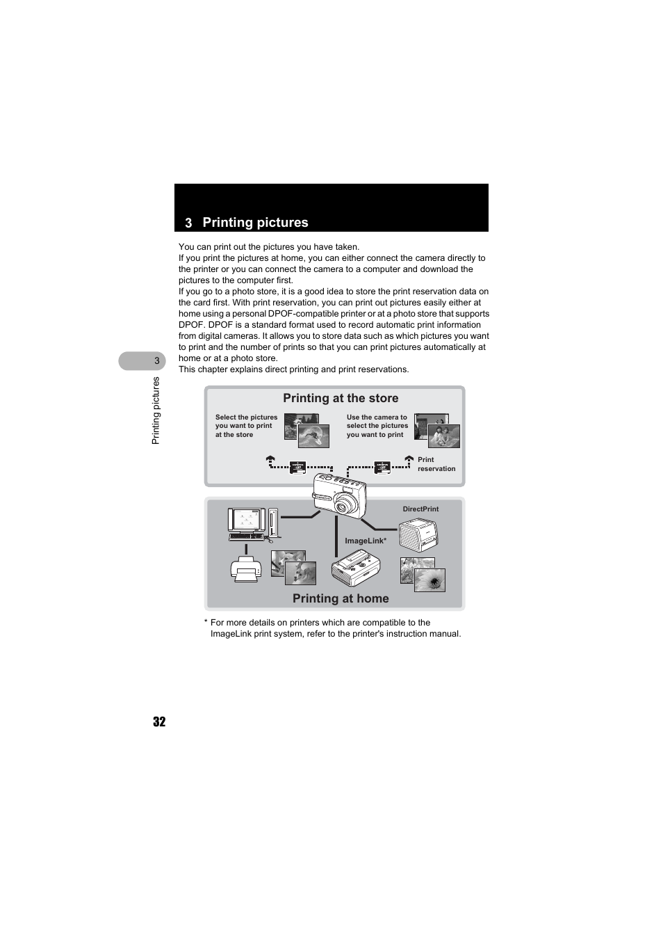 Printing pictures, 3 printing pictures, Printing at the store | Printing at home | Olympus FE-130 User Manual | Page 32 / 80