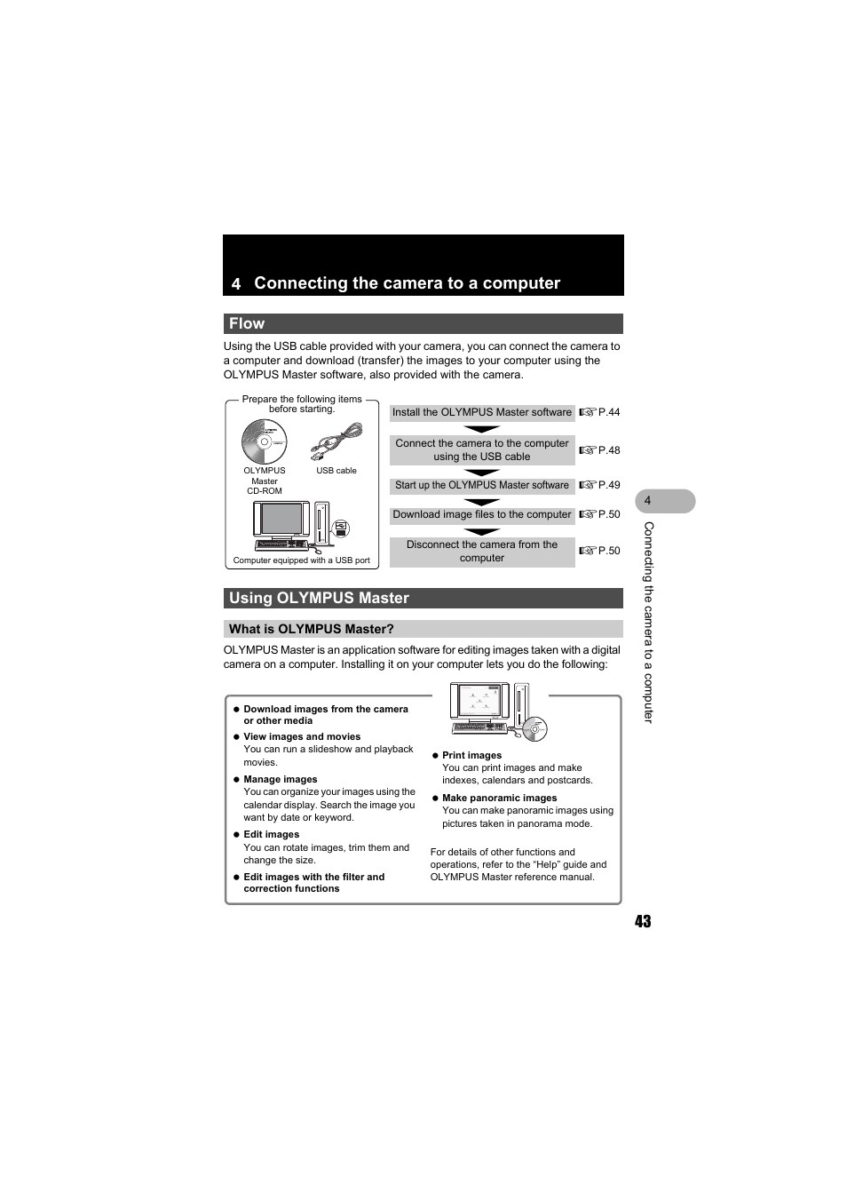 Connecting the camera to a computer, Flow, Using olympus master | What is olympus master, 4 connecting the camera to a computer | Olympus FE-130 User Manual | Page 43 / 80