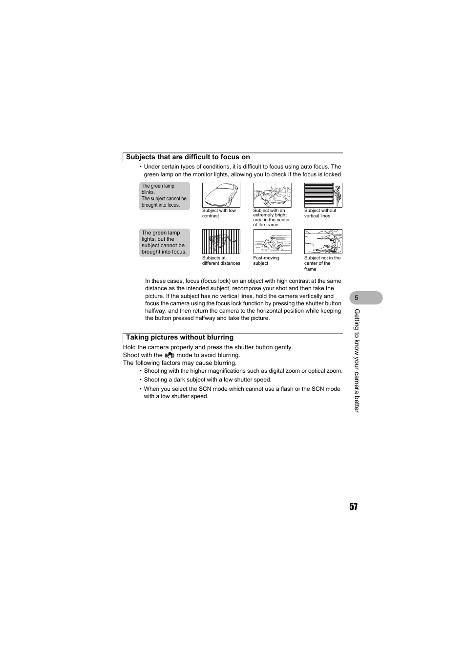 Subjects that are difficult to focus on, Taking pictures without blurring | Olympus FE-130 User Manual | Page 57 / 80