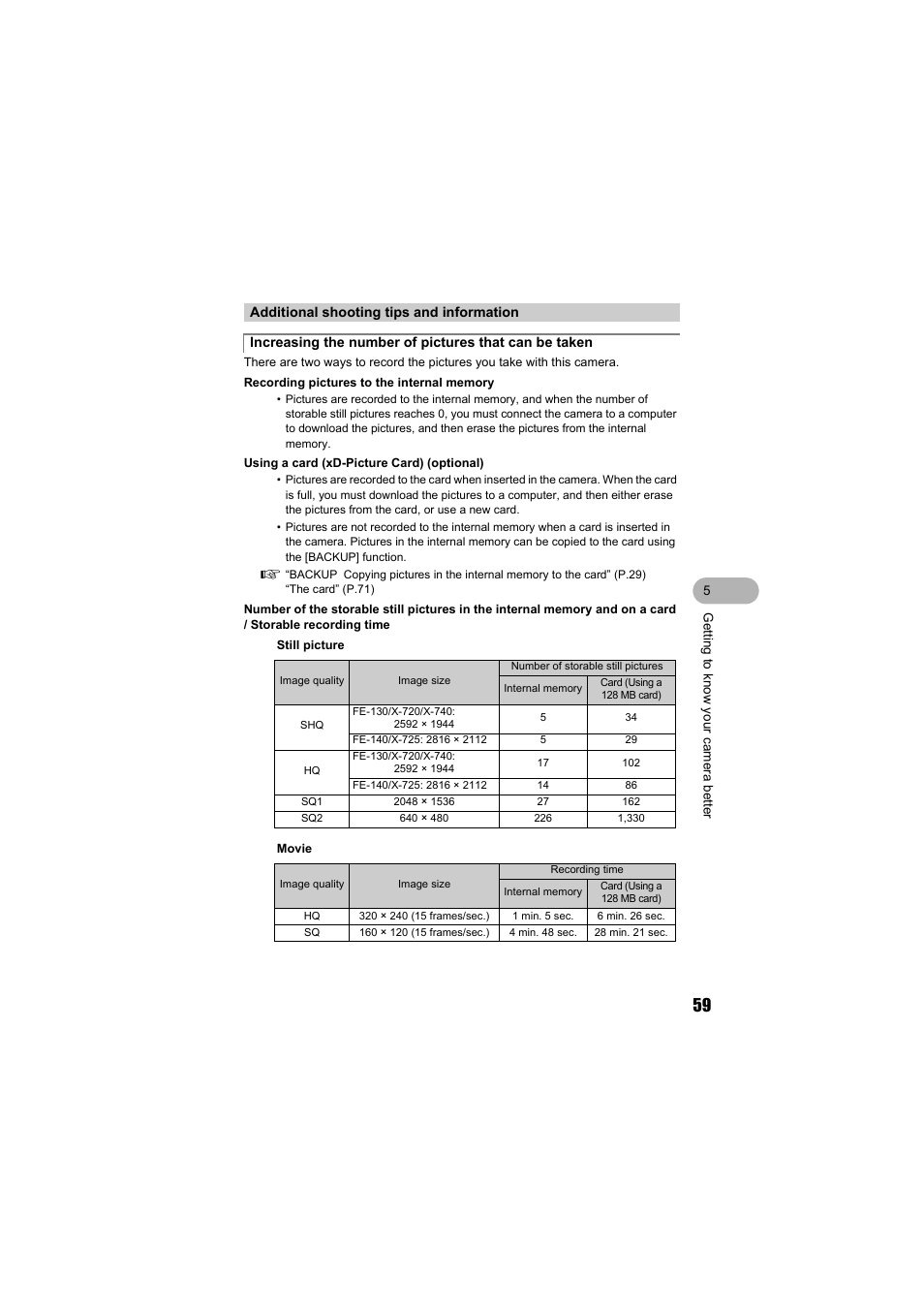 Additional shooting tips and information | Olympus FE-130 User Manual | Page 59 / 80