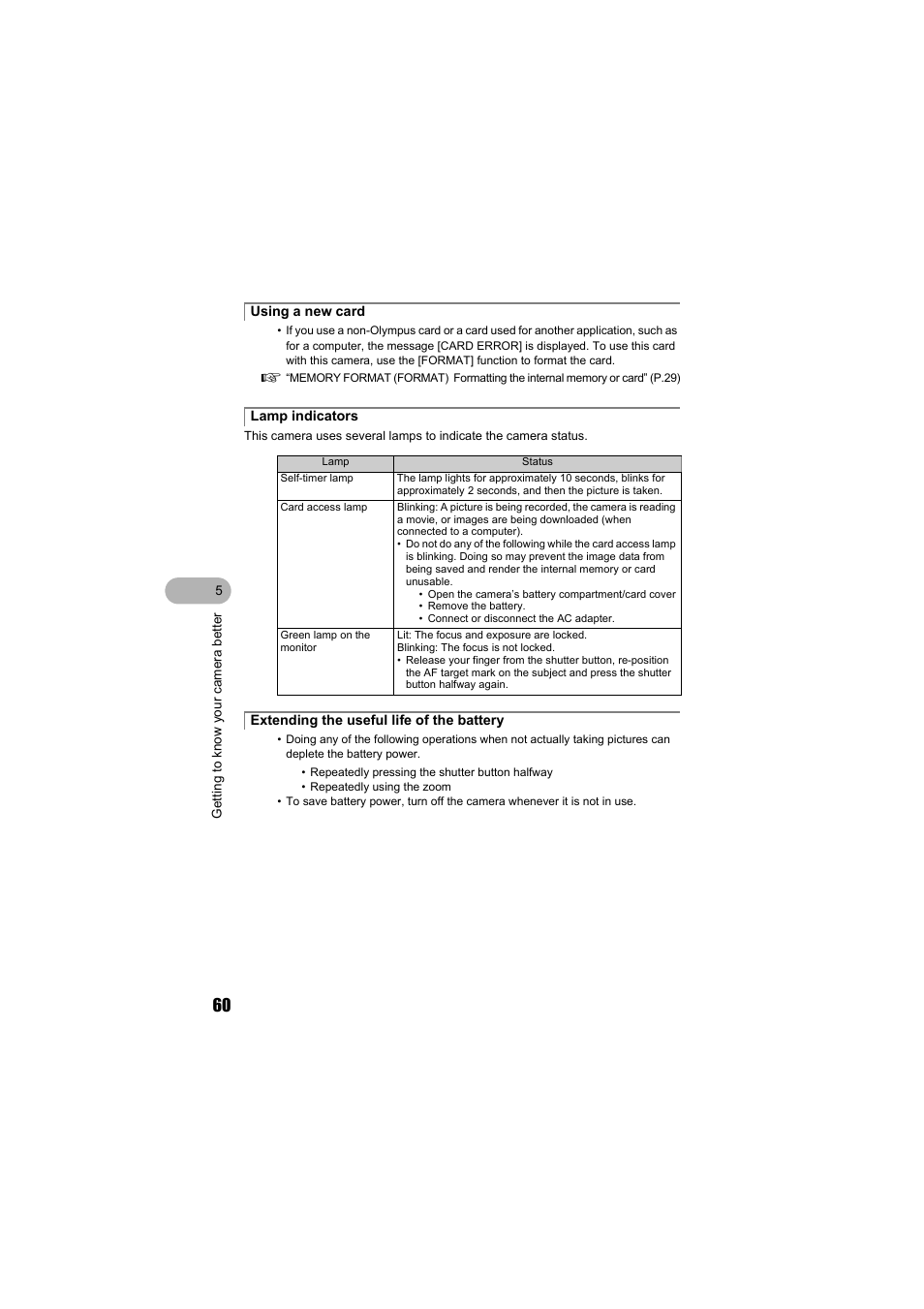 Using a new card, Lamp indicators, Extending the useful life of the battery | Olympus FE-130 User Manual | Page 60 / 80