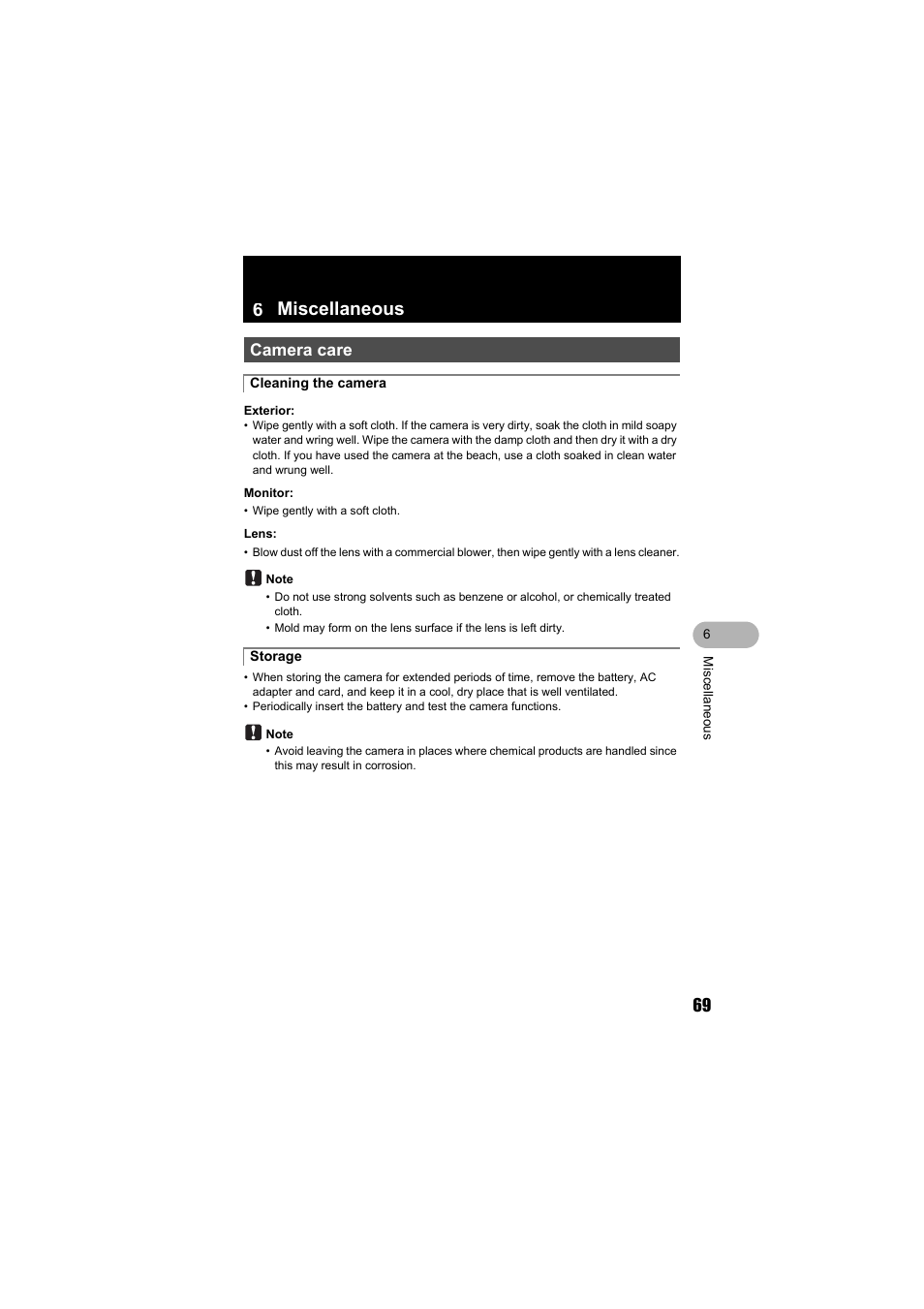 Miscellaneous, Camera care, 6 miscellaneous | Olympus FE-130 User Manual | Page 69 / 80