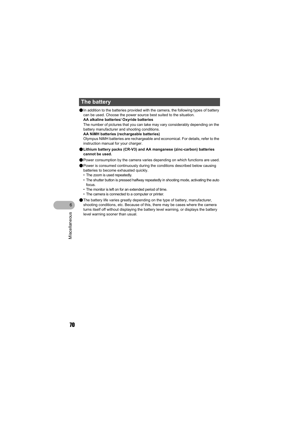 The battery | Olympus FE-130 User Manual | Page 70 / 80