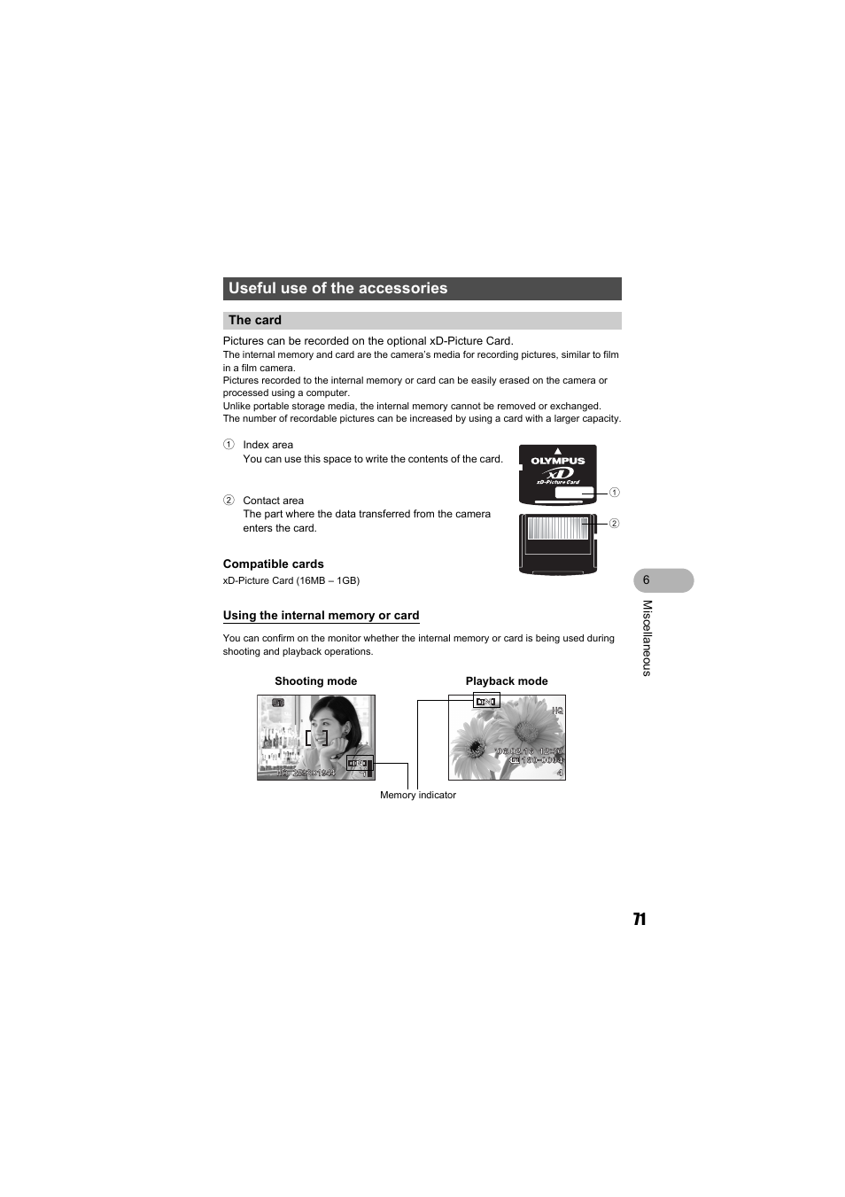 Useful use of the accessories, The card | Olympus FE-130 User Manual | Page 71 / 80