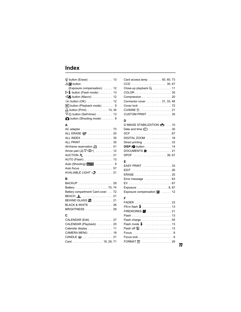 Index | Olympus FE-130 User Manual | Page 77 / 80