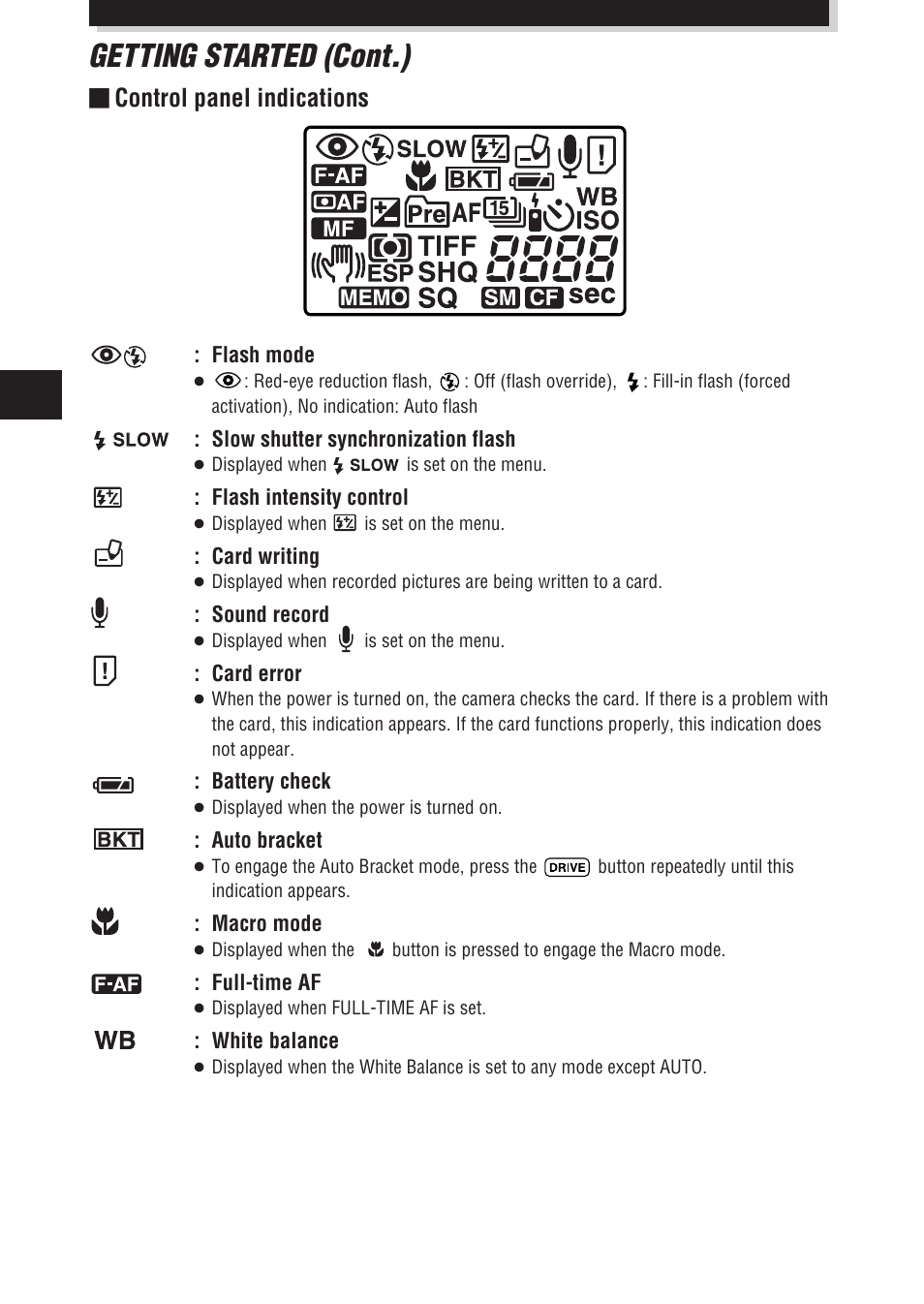 Getting started (cont.), Control panel indications | Olympus E-100 RS User Manual | Page 10 / 172