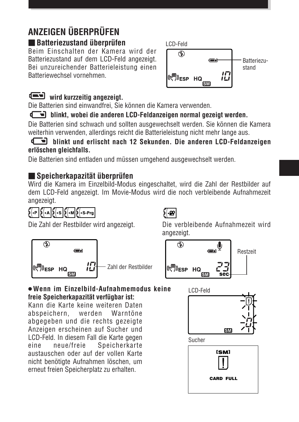 Anzeigen überprüfen, Speicherkapazität überprüfen, Batteriezustand überprüfen | Olympus E-100 RS User Manual | Page 105 / 172