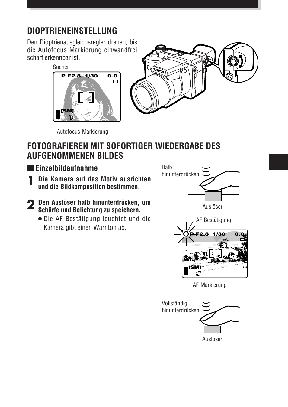 Dioptrieneinstellung, Einzelbildaufnahme | Olympus E-100 RS User Manual | Page 107 / 172