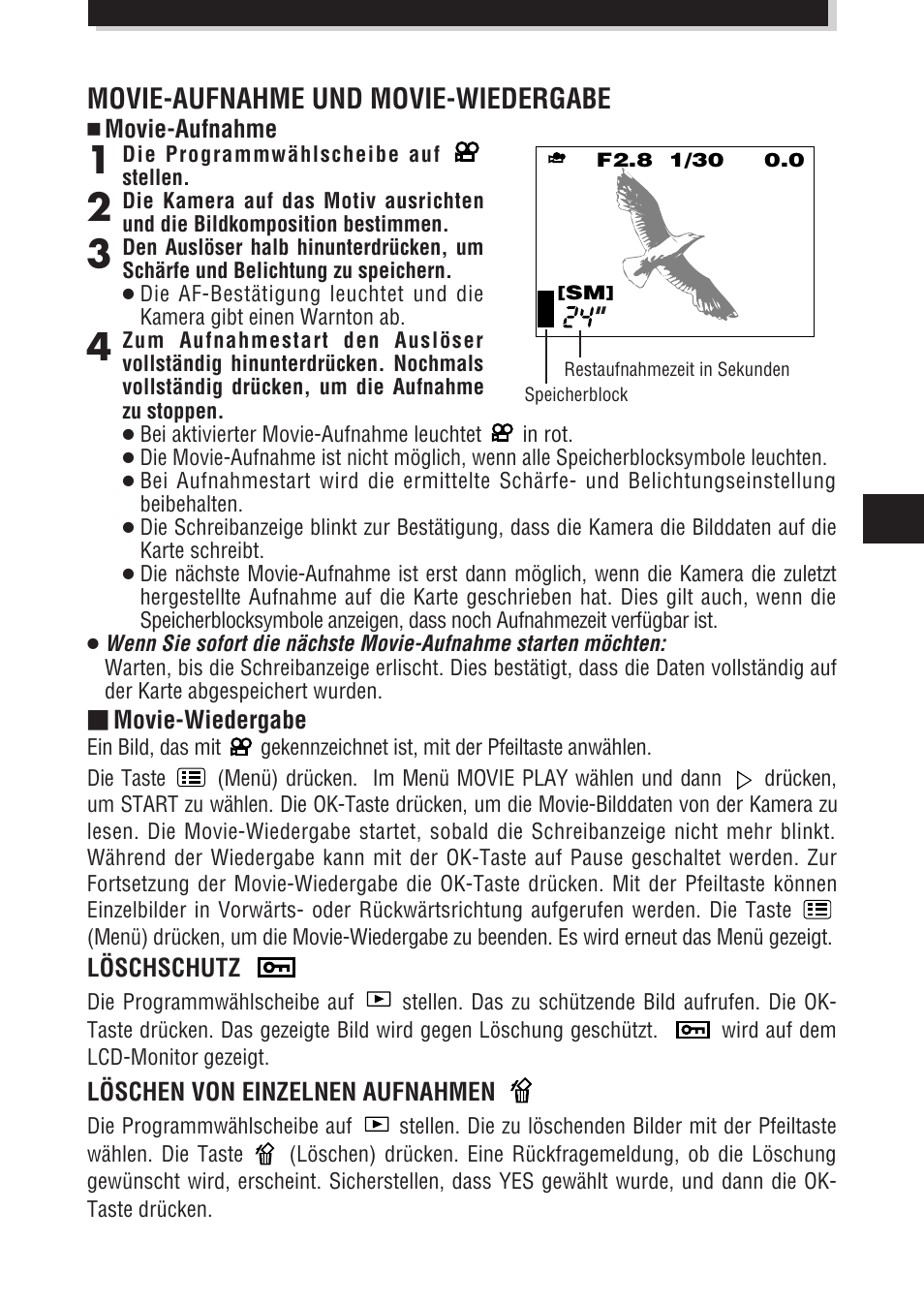 Movie-aufnahme und movie-wiedergabe | Olympus E-100 RS User Manual | Page 109 / 172