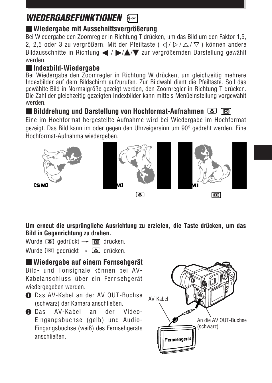 Wiedergabefunktionen, Wiedergabe auf einem fernsehgerät, Wiedergabe mit ausschnittsvergrößerung | Indexbild-wiedergabe | Olympus E-100 RS User Manual | Page 113 / 172