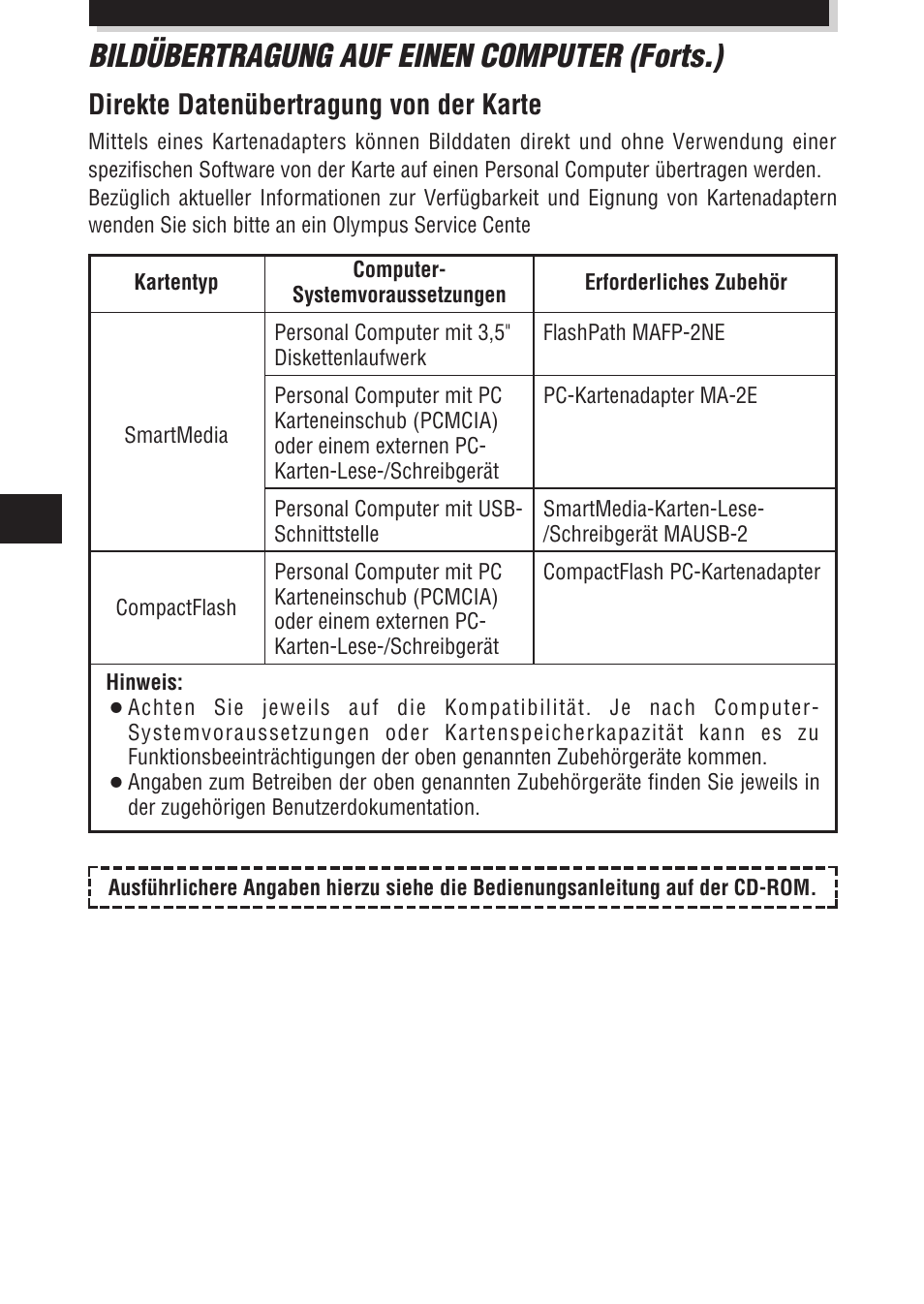 Bildübertragung auf einen computer (forts.), Direkte datenübertragung von der karte | Olympus E-100 RS User Manual | Page 124 / 172