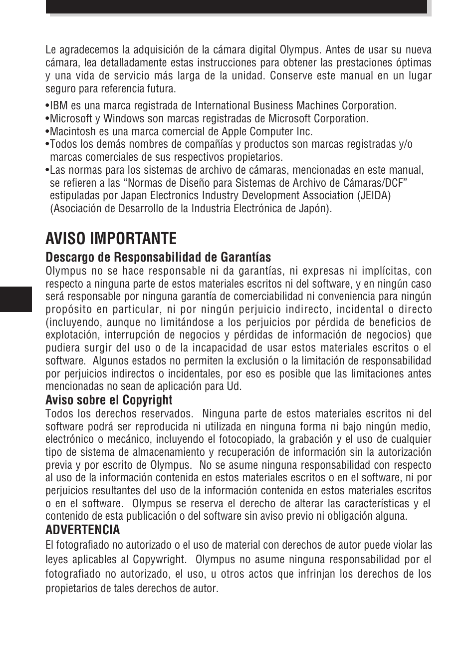 Aviso importante | Olympus E-100 RS User Manual | Page 130 / 172