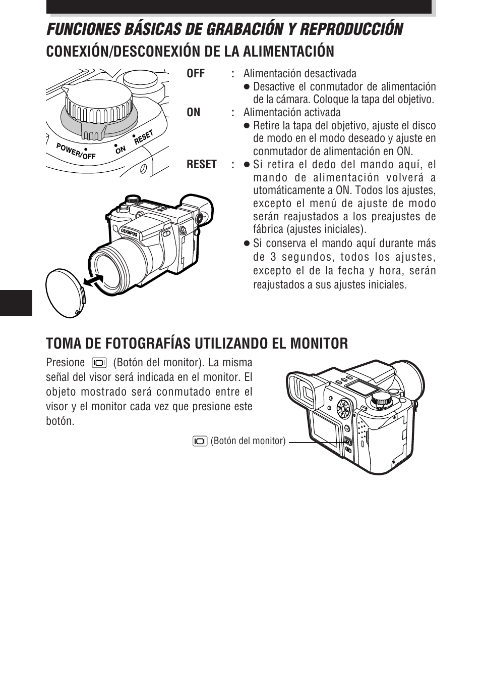 Funciones básicas de grabación y reproducción, Conexión/desconexión de la alimentación, Toma de fotografías utilizando el monitor | Olympus E-100 RS User Manual | Page 146 / 172