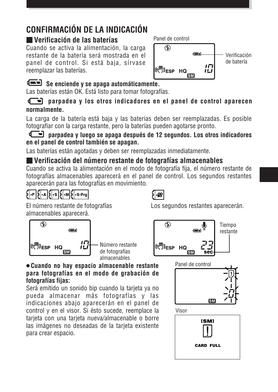 Confirmación de la indicación, Verificación de las baterías | Olympus E-100 RS User Manual | Page 147 / 172