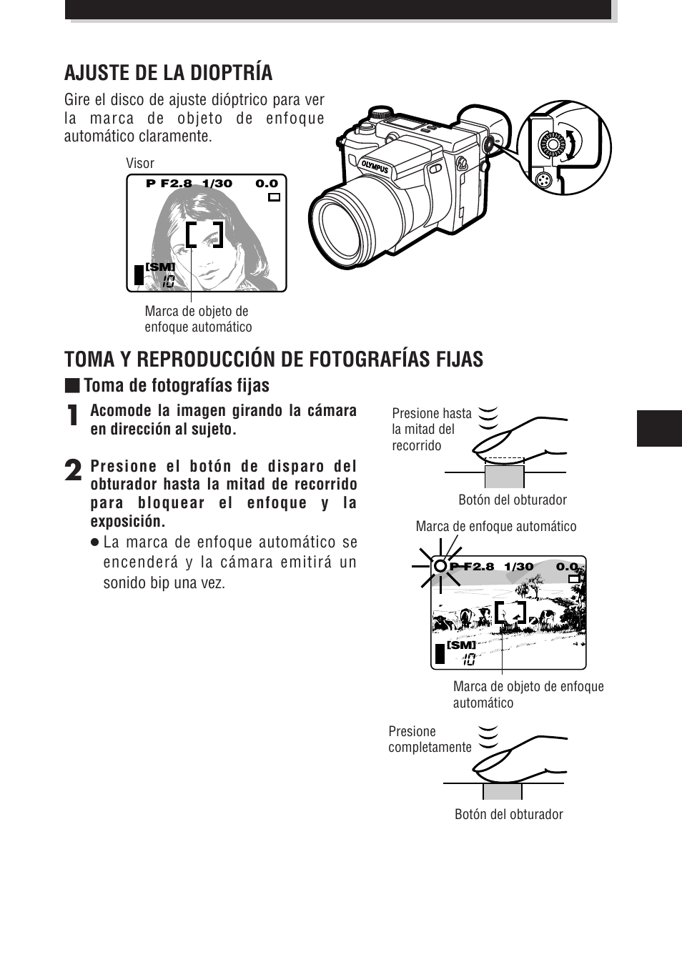 Toma y reproducción de fotografías fijas, Ajuste de la dioptría, Toma de fotografías fijas | Olympus E-100 RS User Manual | Page 149 / 172