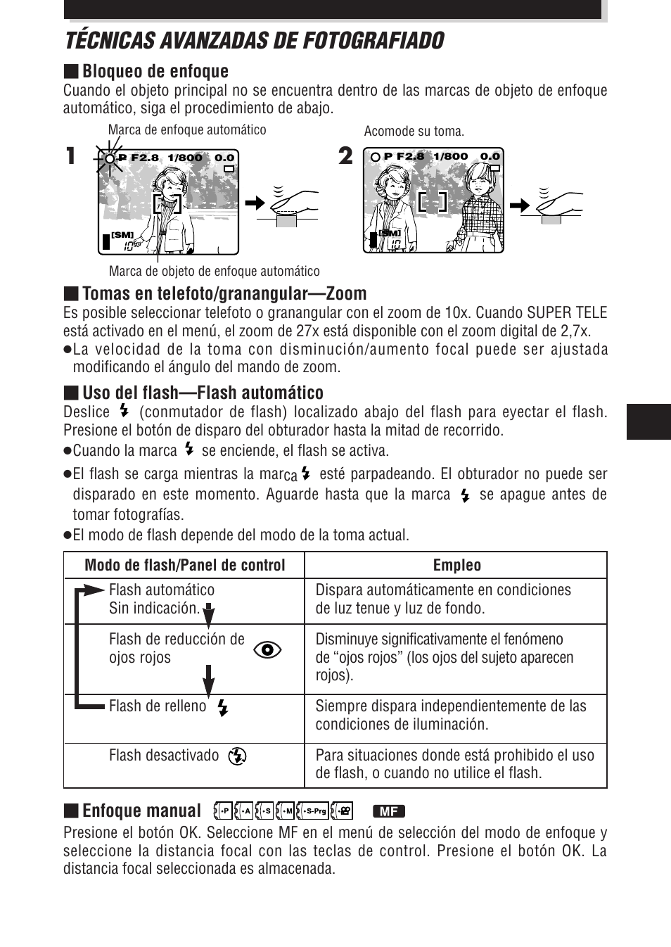 Técnicas avanzadas de fotografiado, Tomas en telefoto/granangular—zoom, Uso del flash—flash automático | Enfoque manual, Bloqueo de enfoque | Olympus E-100 RS User Manual | Page 153 / 172