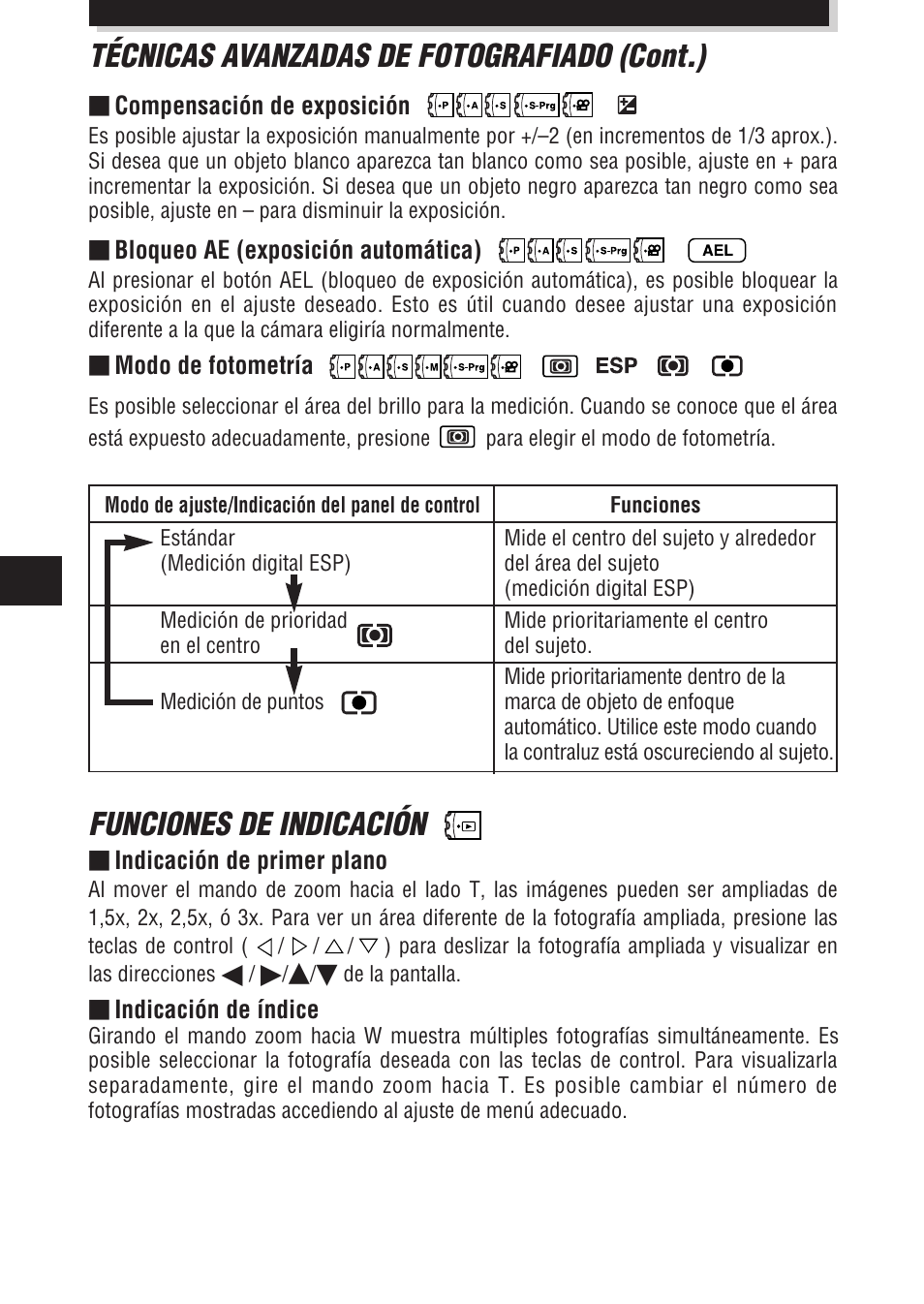 Funciones de indicación, Técnicas avanzadas de fotografiado (cont.) | Olympus E-100 RS User Manual | Page 154 / 172