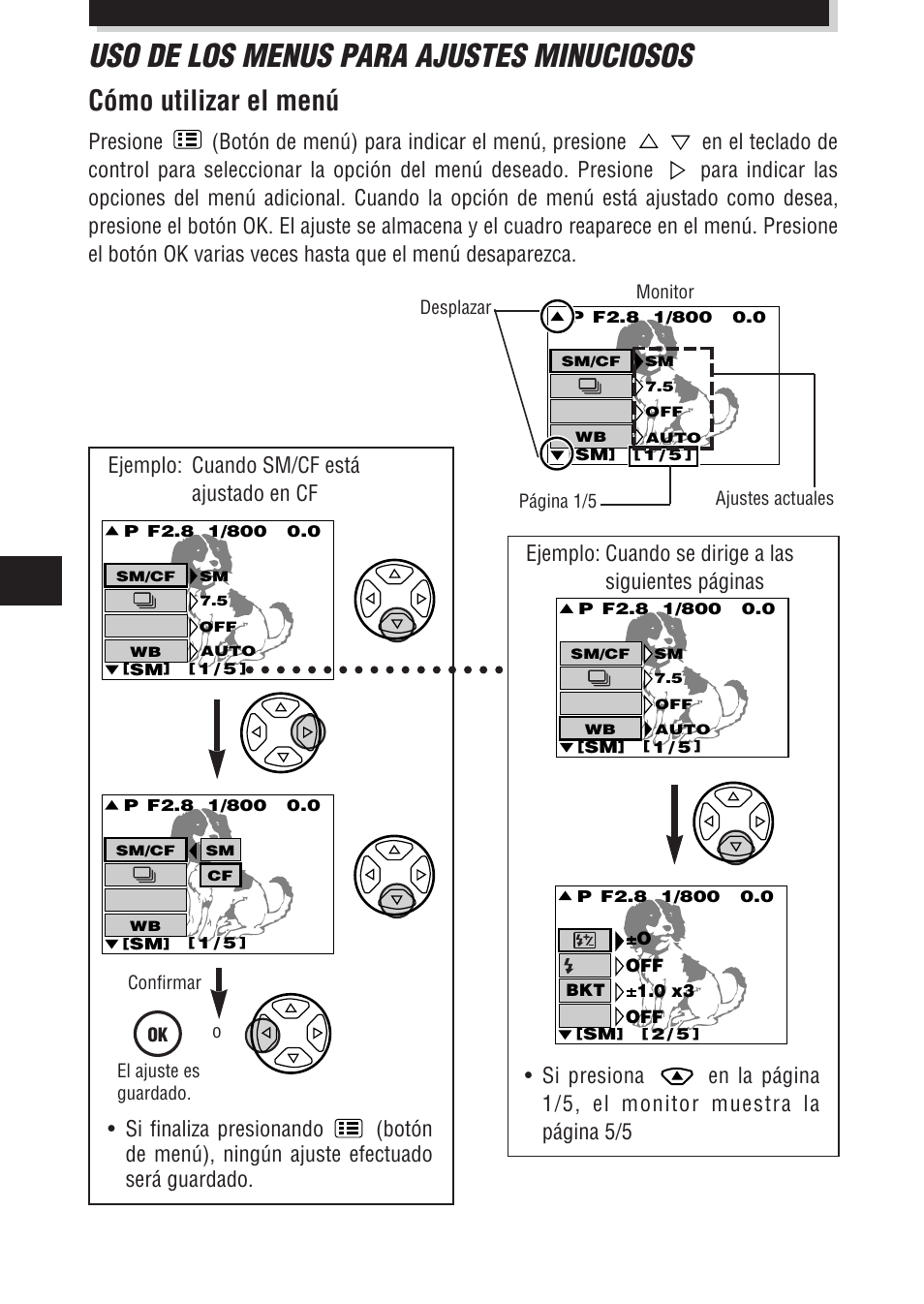 Uso de los menus para ajustes minuciosos, Cómo utilizar el menú, Ejemplo: cuando sm/cf está ajustado en cf | Ejemplo: cuando se dirige a las siguientes páginas | Olympus E-100 RS User Manual | Page 156 / 172