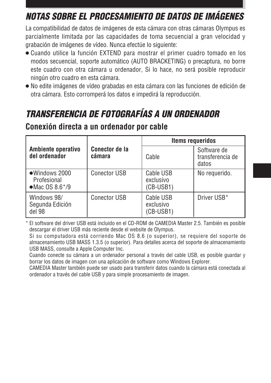 Transferencia de fotografías a un ordenador, Notas sobre el procesamiento de datos de imágenes, Conexión directa a un ordenador por cable | Olympus E-100 RS User Manual | Page 165 / 172