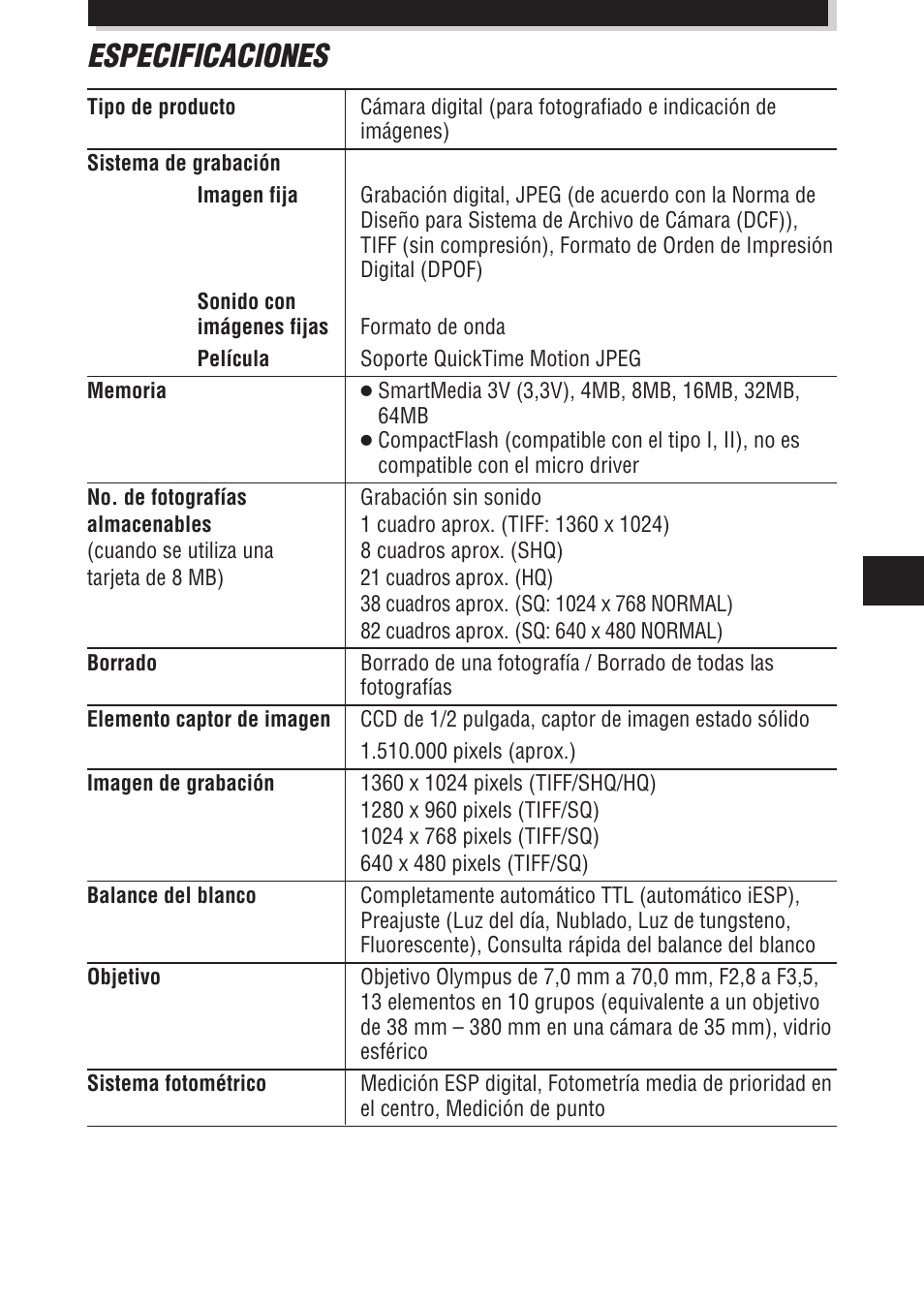 Especificaciones | Olympus E-100 RS User Manual | Page 169 / 172