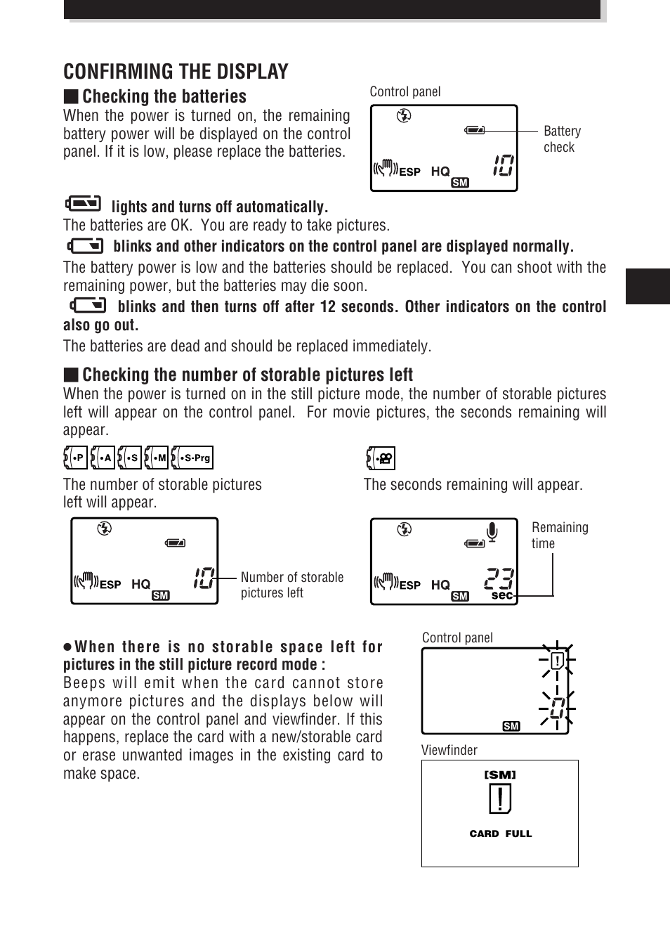 Confirming the display, Checking the batteries, Checking the number of storable pictures left | Olympus E-100 RS User Manual | Page 21 / 172