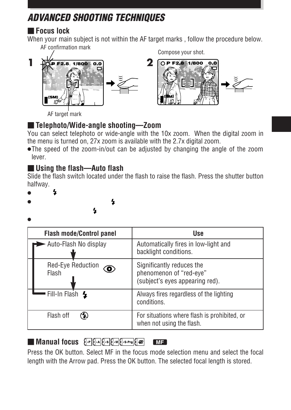Advanced shooting techniques, Telephoto/wide-angle shooting—zoom, Using the flash—auto flash | Manual focus, Focus lock | Olympus E-100 RS User Manual | Page 27 / 172
