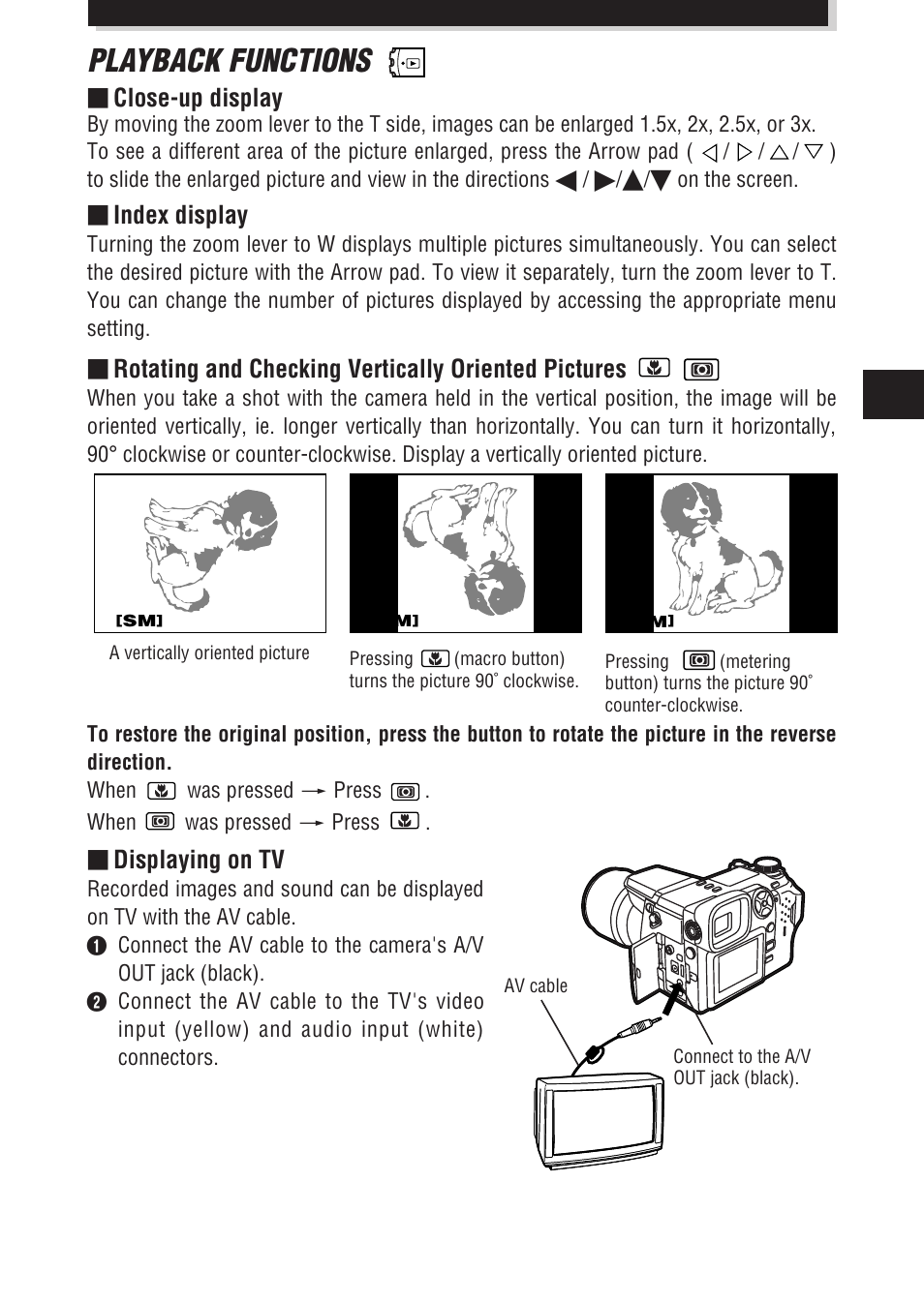 Playback functions, Close-up display, Index display | Rotating and checking vertically oriented pictures, Displaying on tv | Olympus E-100 RS User Manual | Page 29 / 172