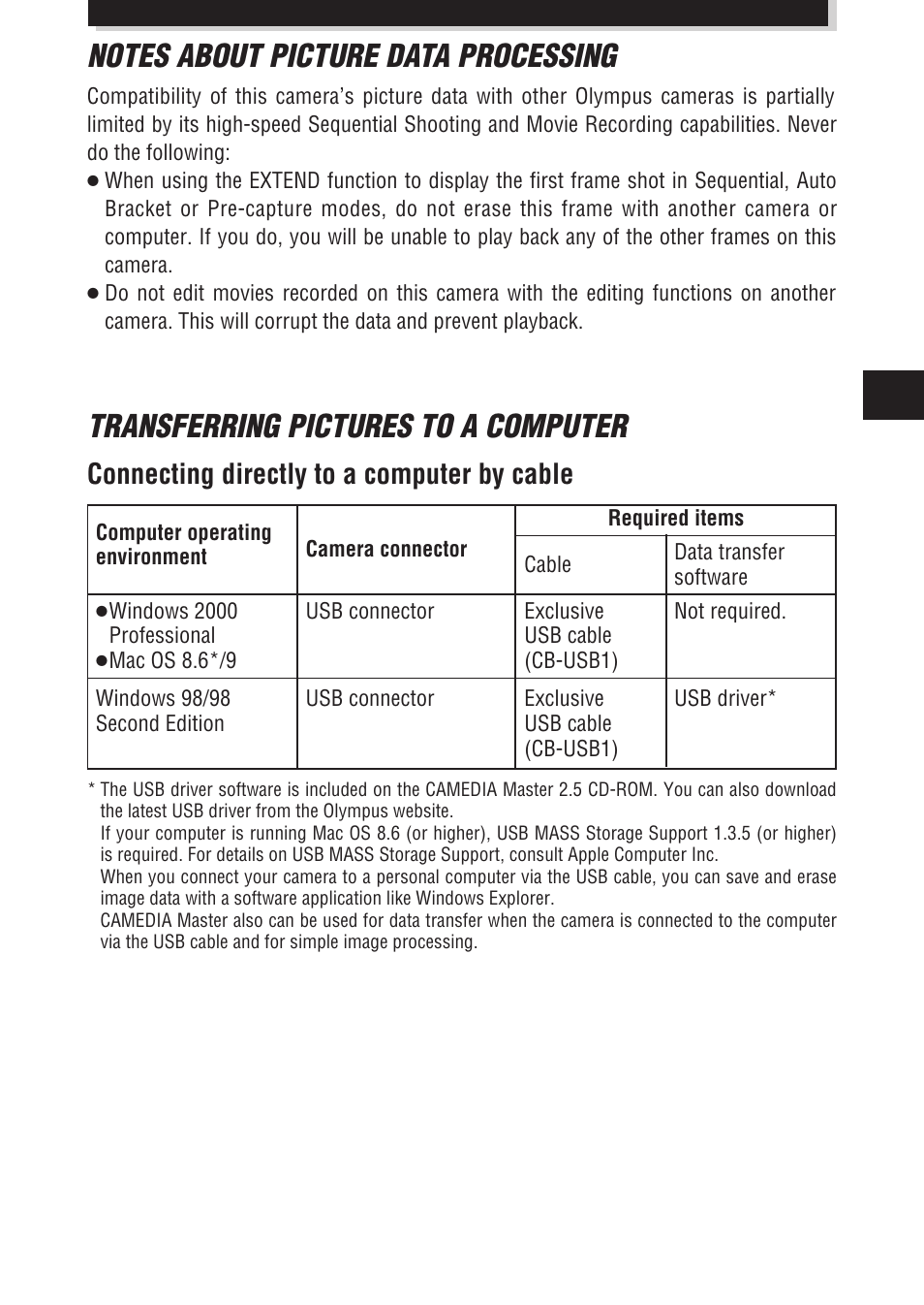 Transferring pictures to a computer, Connecting directly to a computer by cable | Olympus E-100 RS User Manual | Page 39 / 172