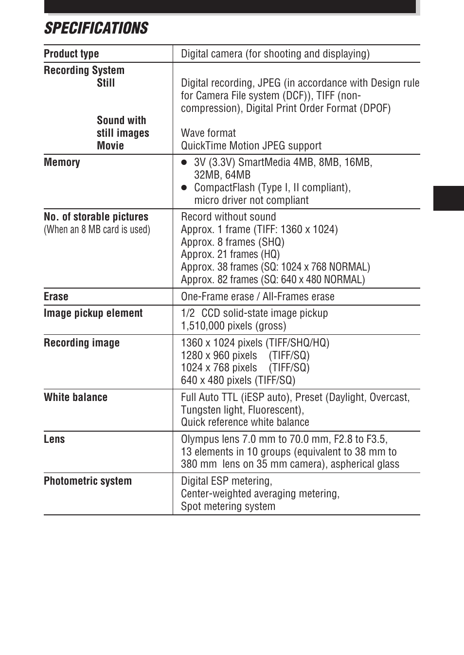 Specifications | Olympus E-100 RS User Manual | Page 43 / 172