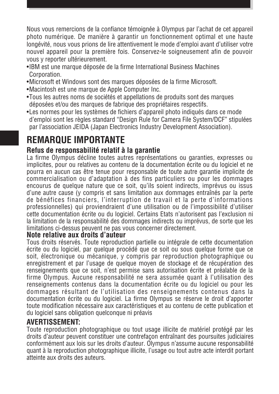 Remarque importante | Olympus E-100 RS User Manual | Page 46 / 172