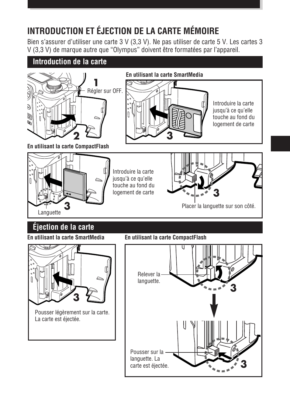 Introduction et éjection de la carte mémoire | Olympus E-100 RS User Manual | Page 59 / 172