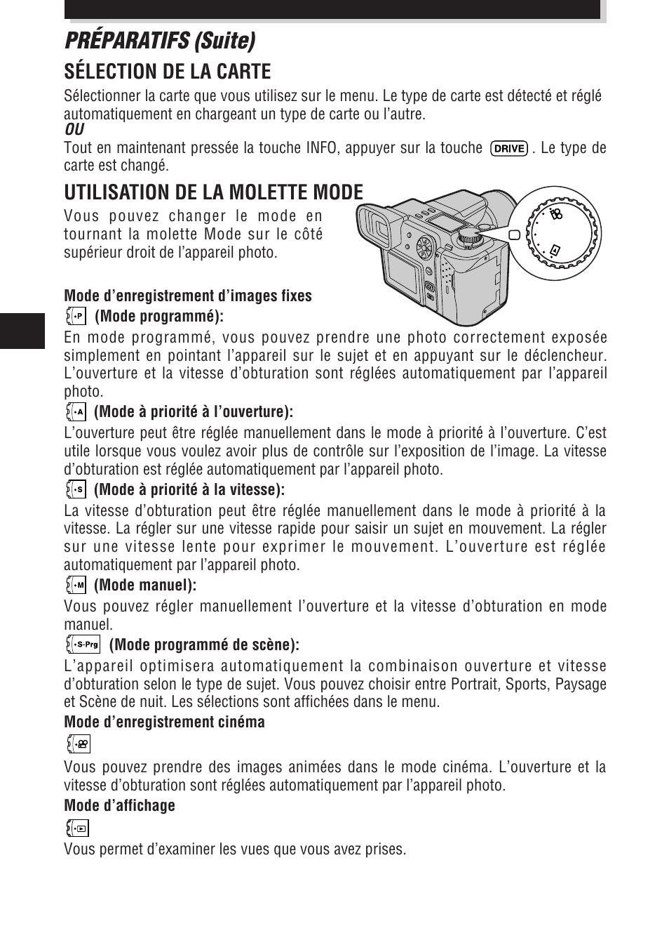 Préparatifs (suite), Utilisation de la molette mode, Sélection de la carte | Olympus E-100 RS User Manual | Page 60 / 172