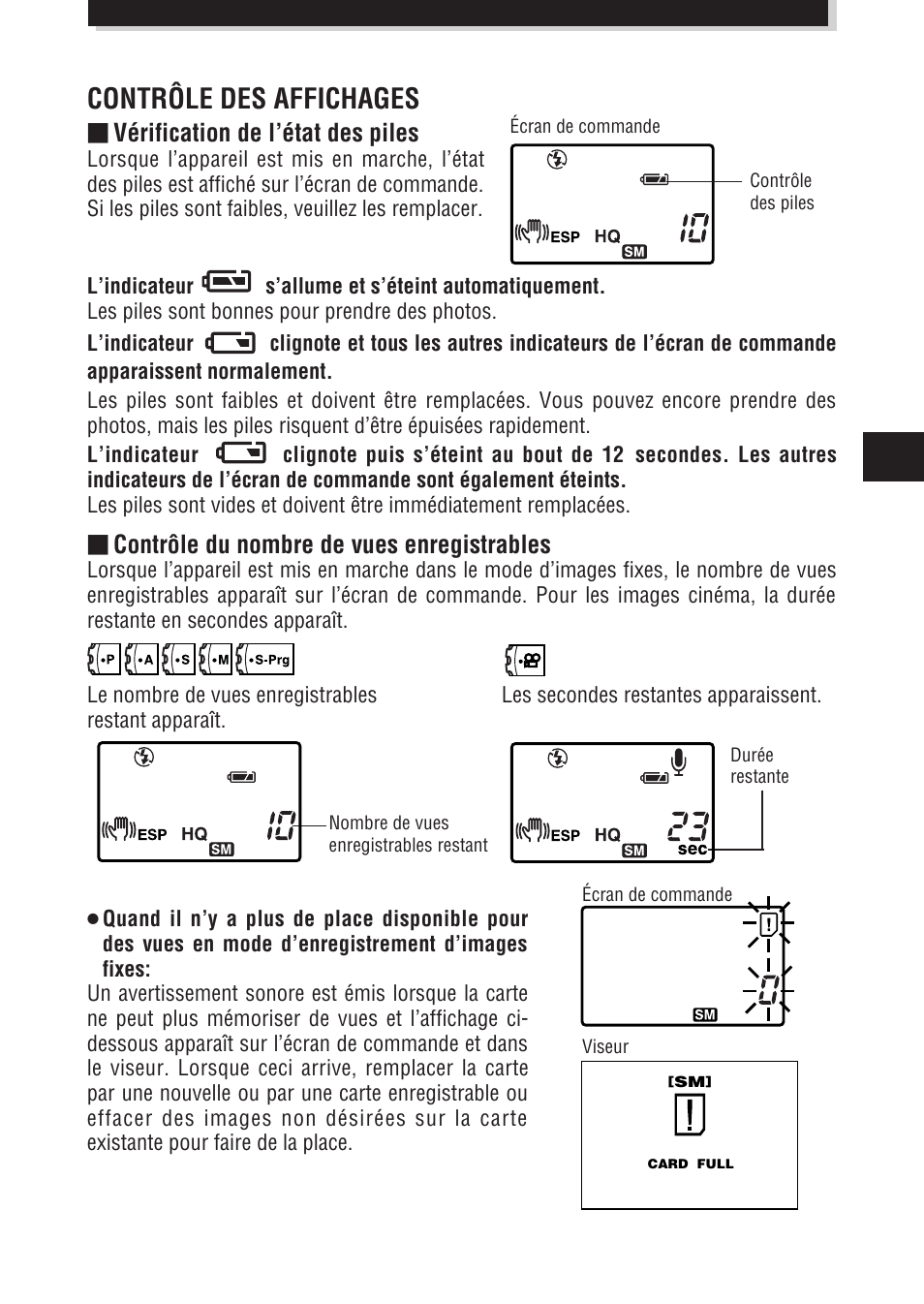 Contrôle des affichages, Contrôle du nombre de vues enregistrables, Vérification de l’état des piles | Olympus E-100 RS User Manual | Page 63 / 172