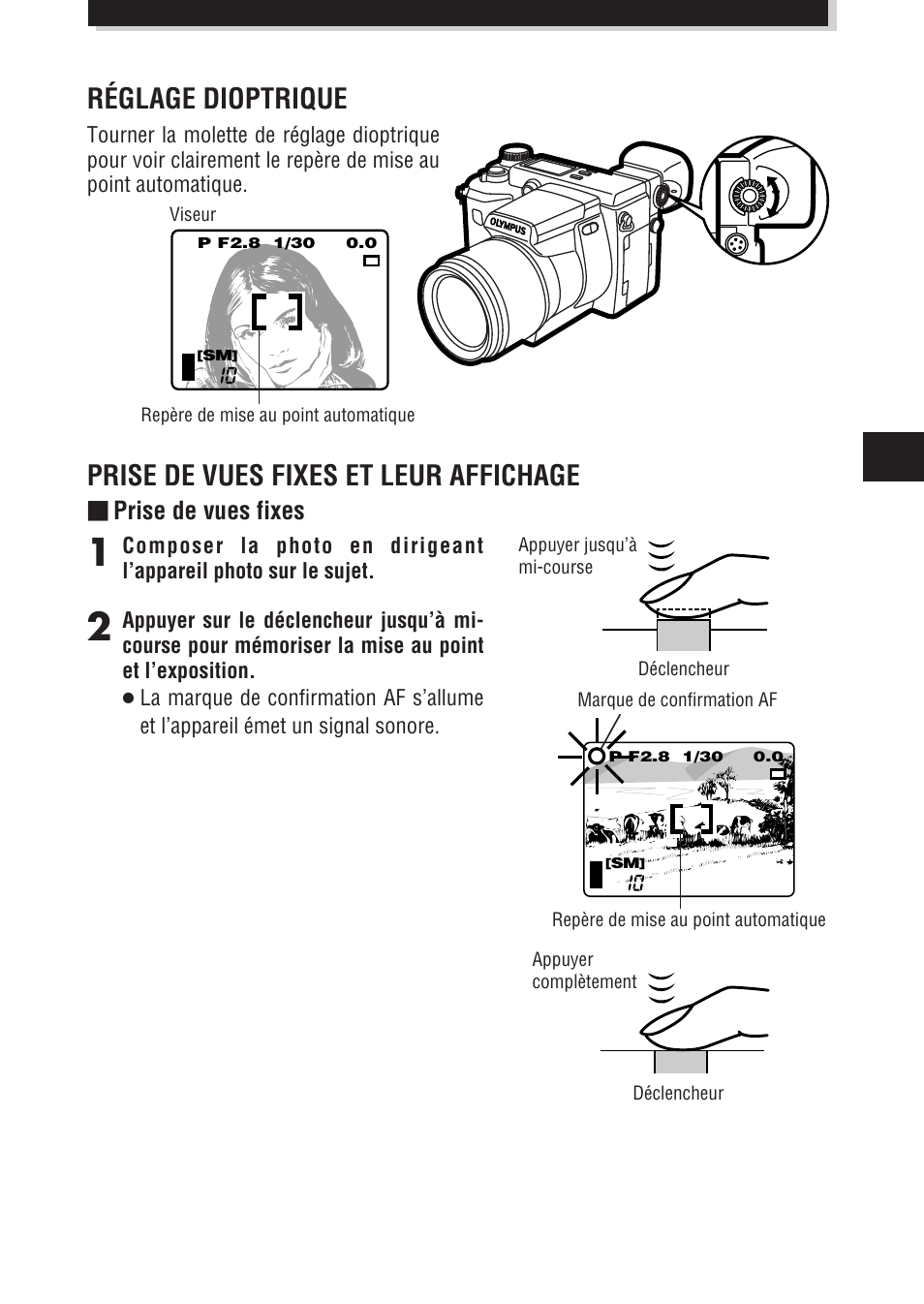 Prise de vues fixes et leur affichage, Réglage dioptrique, Prise de vues fixes | Olympus E-100 RS User Manual | Page 65 / 172