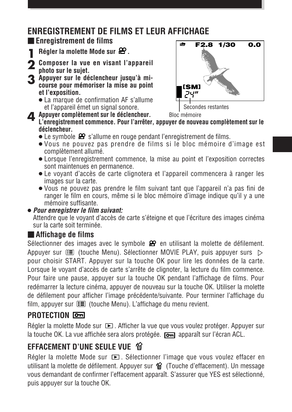 Enregistrement de films et leur affichage | Olympus E-100 RS User Manual | Page 67 / 172