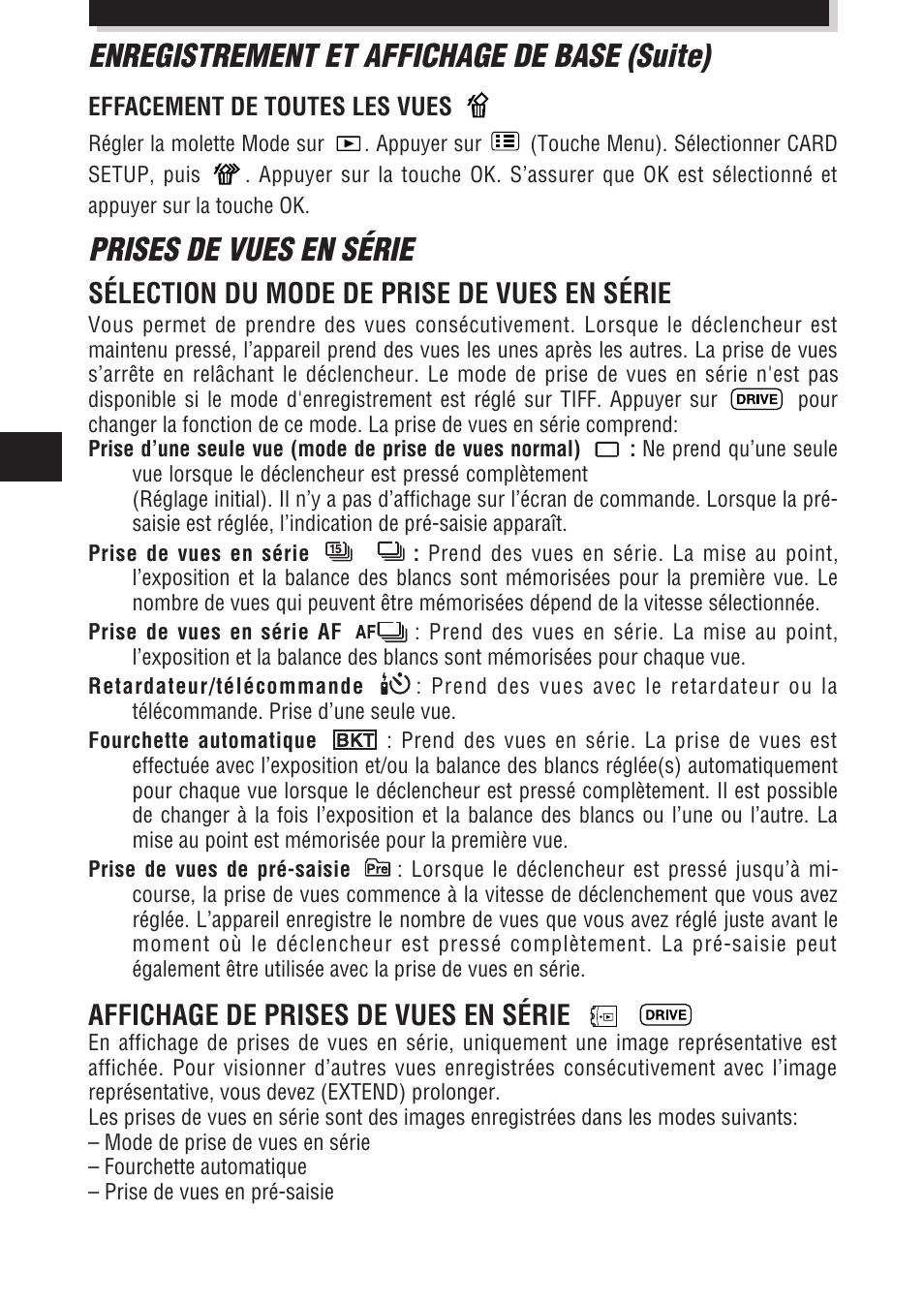Prises de vues en série, Enregistrement et affichage de base (suite), Sélection du mode de prise de vues en série | Affichage de prises de vues en série | Olympus E-100 RS User Manual | Page 68 / 172