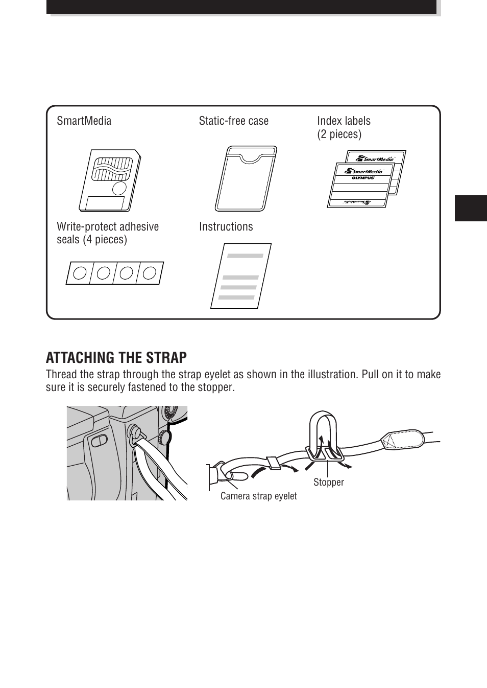 Attaching the strap | Olympus E-100 RS User Manual | Page 7 / 172