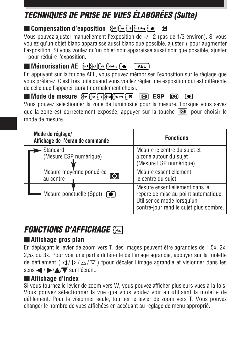 Fonctions d’affichage, Techniques de prise de vues élaborées (suite) | Olympus E-100 RS User Manual | Page 70 / 172