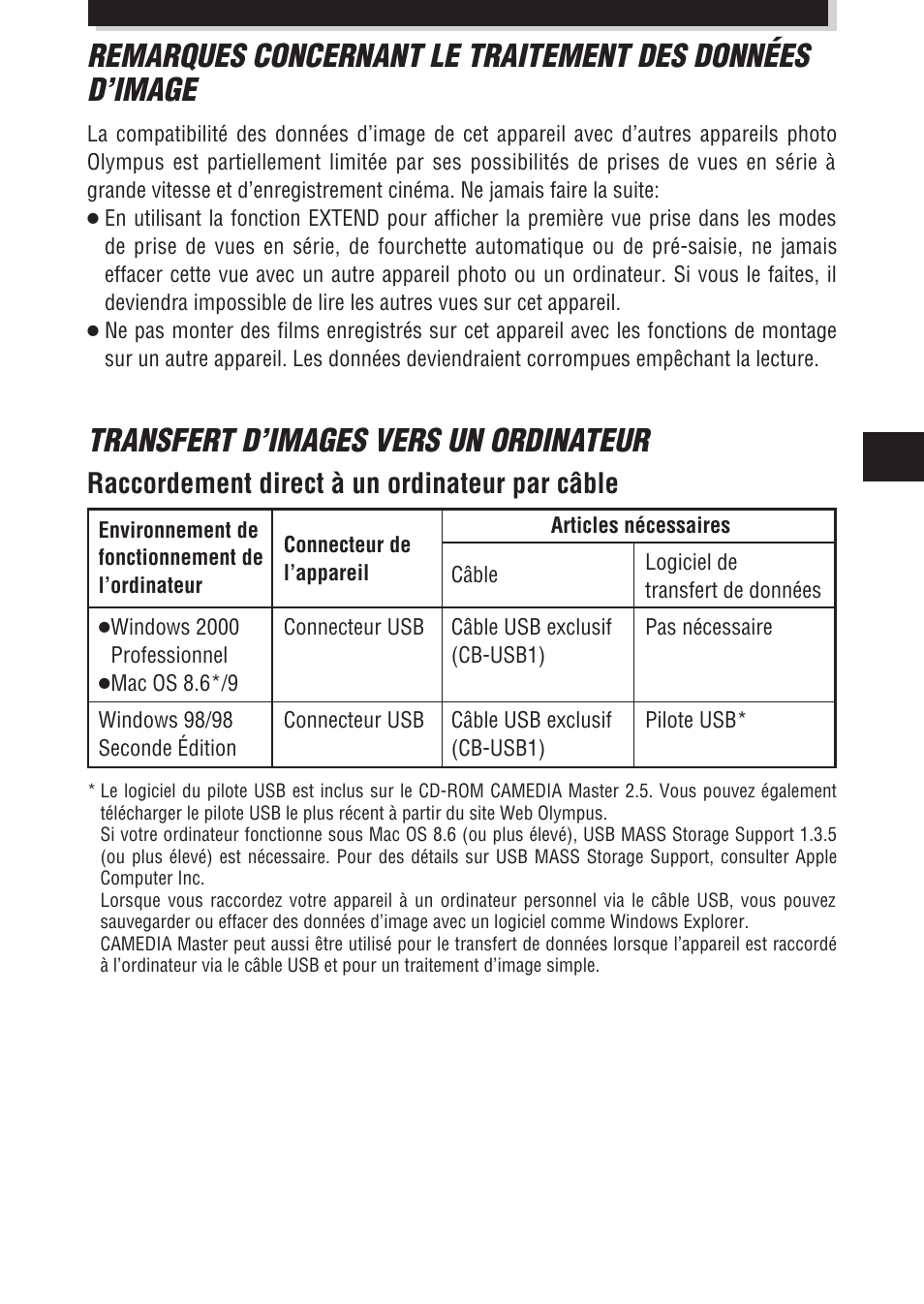 Transfert d’images vers un ordinateur, Raccordement direct à un ordinateur par câble | Olympus E-100 RS User Manual | Page 81 / 172