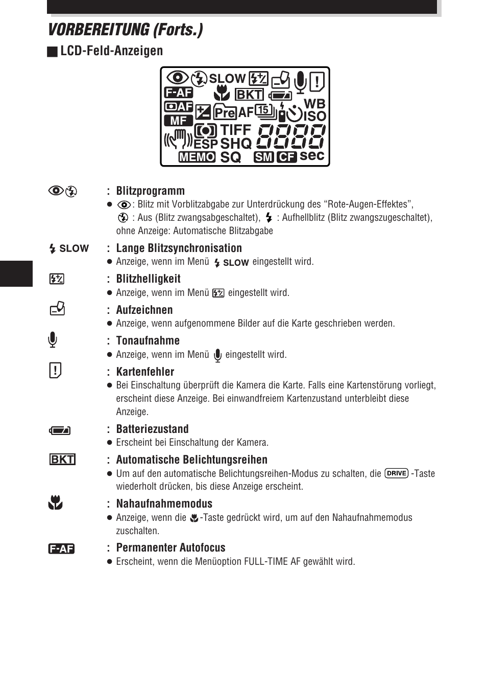 Vorbereitung (forts.), Lcd-feld-anzeigen | Olympus E-100 RS User Manual | Page 94 / 172