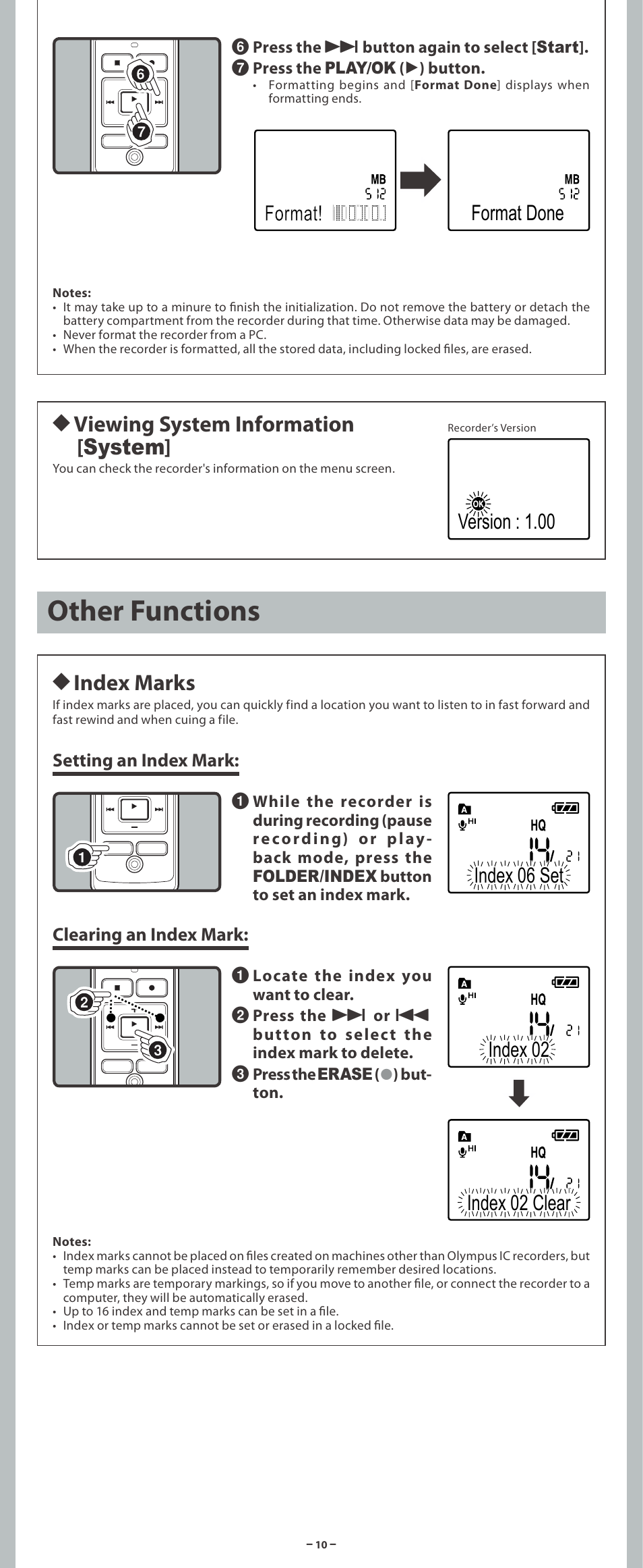 Other functions, H viewing system information [ system, H index marks | Olympus VN-3200PC User Manual | Page 10 / 12