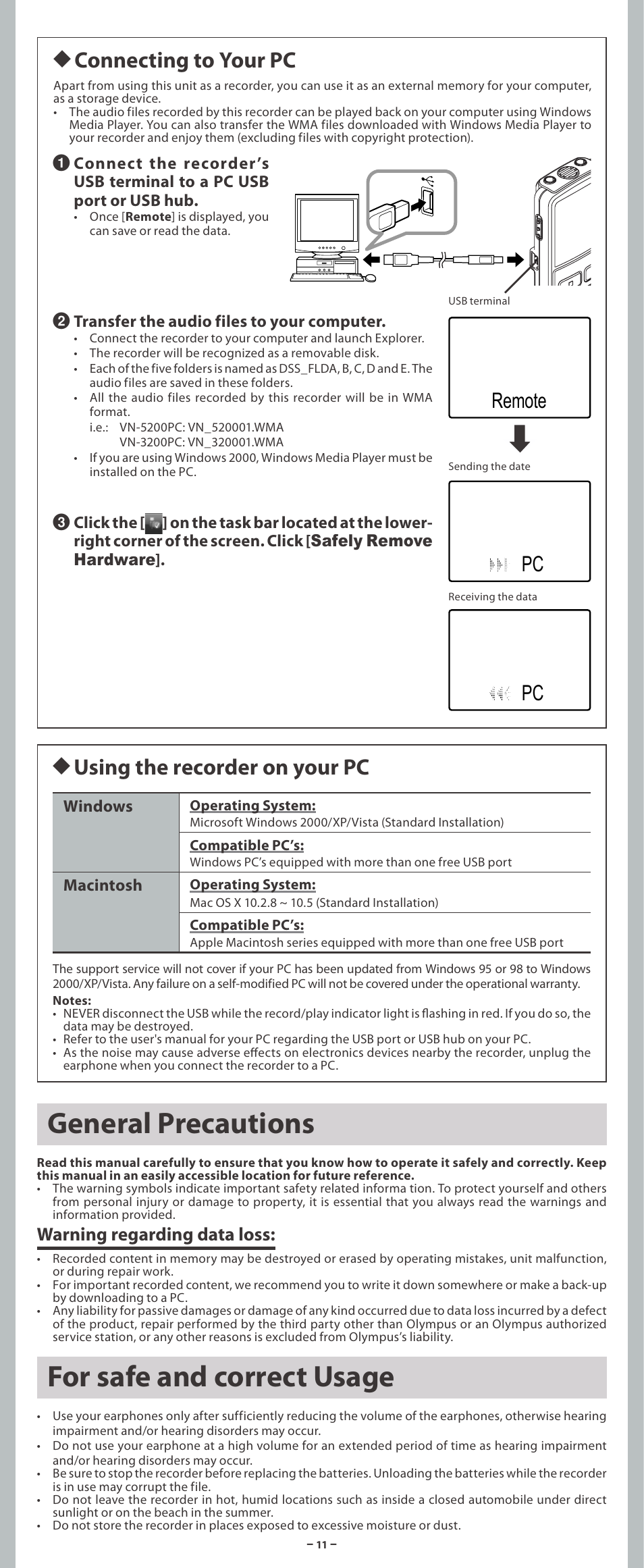 For safe and correct usage, General precautions, H connecting to your pc | H using the recorder on your pc, Remote pc pc, Warning regarding data loss | Olympus VN-3200PC User Manual | Page 11 / 12