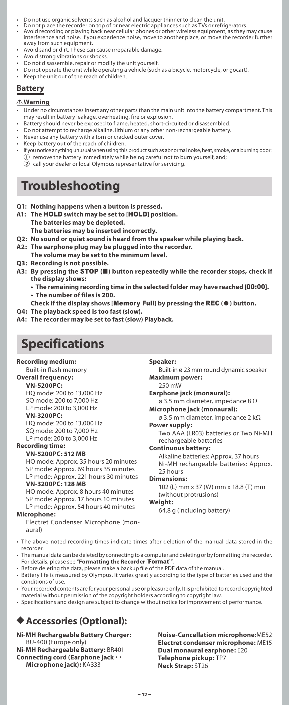 Troubleshooting, Specifications, H accessories (optional) | Battery | Olympus VN-3200PC User Manual | Page 12 / 12